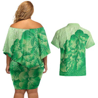 Aloha Hawaii Molokai Island Couples Matching Off Shoulder Short Dress and Hawaiian Shirt Hibiscus Tribal Honu Hawaiian Tattoo Green