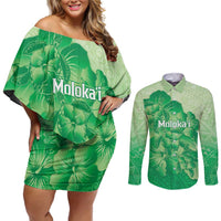 Aloha Hawaii Molokai Island Couples Matching Off Shoulder Short Dress and Long Sleeve Button Shirt Hibiscus Tribal Honu Hawaiian Tattoo Green