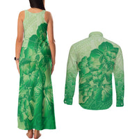 Aloha Hawaii Molokai Island Couples Matching Tank Maxi Dress and Long Sleeve Button Shirt Hibiscus Tribal Honu Hawaiian Tattoo Green
