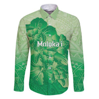 Aloha Hawaii Molokai Island Family Matching Off Shoulder Maxi Dress and Hawaiian Shirt Hibiscus Tribal Honu Hawaiian Tattoo Green LT14 Dad's Shirt - Long Sleeve Green - Polynesian Pride
