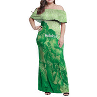 Aloha Hawaii Molokai Island Family Matching Off Shoulder Maxi Dress and Hawaiian Shirt Hibiscus Tribal Honu Hawaiian Tattoo Green LT14 Mom's Dress Green - Polynesian Pride