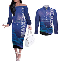 Personalised Matariki New Zealand Couples Matching Off The Shoulder Long Sleeve Dress and Long Sleeve Button Shirt Maori New Year Galaxy Koru Pattern