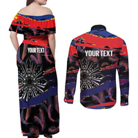 Philippines Sun Tattoo Couples Matching Off Shoulder Maxi Dress and Long Sleeve Button Shirt Feathers Filipinas Grunge Style Black LT14 - Polynesian Pride