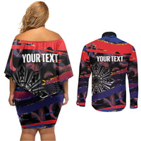 Philippines Sun Tattoo Couples Matching Off Shoulder Short Dress and Long Sleeve Button Shirt Feathers Filipinas Grunge Style Black