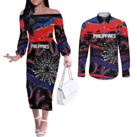 Philippines Sun Tattoo Couples Matching Off The Shoulder Long Sleeve Dress and Long Sleeve Button Shirt Feathers Filipinas Grunge Style Black