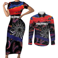 Philippines Sun Tattoo Couples Matching Short Sleeve Bodycon Dress and Long Sleeve Button Shirt Feathers Filipinas Grunge Style Black