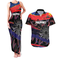 Philippines Sun Tattoo Couples Matching Tank Maxi Dress and Hawaiian Shirt Feathers Filipinas Grunge Style Black