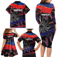 Philippines Sun Tattoo Family Matching Long Sleeve Bodycon Dress and Hawaiian Shirt Feathers Filipinas Grunge Style Black