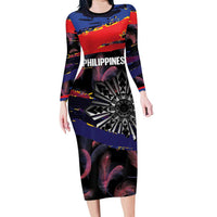 Philippines Sun Tattoo Family Matching Long Sleeve Bodycon Dress and Hawaiian Shirt Feathers Filipinas Grunge Style Black