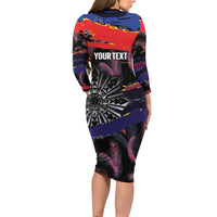 Philippines Sun Tattoo Family Matching Long Sleeve Bodycon Dress and Hawaiian Shirt Feathers Filipinas Grunge Style Black