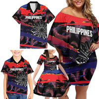 Philippines Sun Tattoo Family Matching Off Shoulder Short Dress and Hawaiian Shirt Feathers Filipinas Grunge Style Black