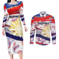 Philippines Sun Tattoo Couples Matching Long Sleeve Bodycon Dress and Long Sleeve Button Shirt Feathers Filipinas Grunge Style White