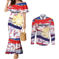 Philippines Sun Tattoo Couples Matching Mermaid Dress and Long Sleeve Button Shirt Feathers Filipinas Grunge Style White