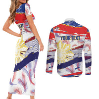 Philippines Sun Tattoo Couples Matching Short Sleeve Bodycon Dress and Long Sleeve Button Shirt Feathers Filipinas Grunge Style White