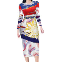Philippines Sun Tattoo Family Matching Long Sleeve Bodycon Dress and Hawaiian Shirt Feathers Filipinas Grunge Style White
