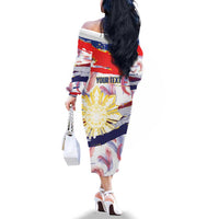 Philippines Sun Tattoo Family Matching Off The Shoulder Long Sleeve Dress and Hawaiian Shirt Feathers Filipinas Grunge Style White