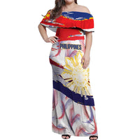Philippines Sun Tattoo Off Shoulder Maxi Dress Feathers Filipinas Grunge Style White LT14 Women White - Polynesian Pride