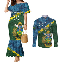 Personalised Solomon Islands Darts Couples Matching Mermaid Dress and Long Sleeve Button Shirt Tropical Leaves Melanesian Pattern LT14 Green - Polynesian Pride