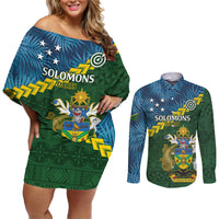 Personalised Solomon Islands Darts Couples Matching Off Shoulder Short Dress and Long Sleeve Button Shirt Tropical Leaves Melanesian Pattern LT14 Green - Polynesian Pride