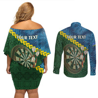 Personalised Solomon Islands Darts Couples Matching Off Shoulder Short Dress and Long Sleeve Button Shirt Tropical Leaves Melanesian Pattern LT14 - Polynesian Pride