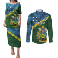 Personalised Solomon Islands Darts Couples Matching Puletasi and Long Sleeve Button Shirt Tropical Leaves Melanesian Pattern LT14 Green - Polynesian Pride
