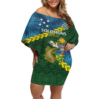 Personalised Solomon Islands Darts Off Shoulder Short Dress Tropical Leaves Melanesian Pattern LT14 Women Green - Polynesian Pride