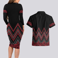 Red Aotearoa Mangopare Kowhaiwhai and Niho Taniwha Couples Matching Long Sleeve Bodycon Dress and Hawaiian Shirt Maori New Zealand