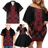 Red Aotearoa Mangopare Kowhaiwhai and Niho Taniwha Family Matching Off Shoulder Short Dress and Hawaiian Shirt Maori New Zealand