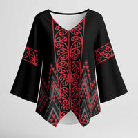 Red Aotearoa Mangopare Kowhaiwhai Niho Taniwha Kimono Sleeve Blouse Maori New Zealand - Polynesian Pride