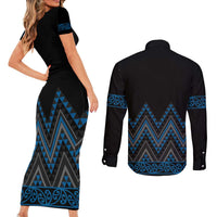 Blue Aotearoa Mangopare Kowhaiwhai and Niho Taniwha Couples Matching Short Sleeve Bodycon Dress and Long Sleeve Button Shirt Maori New Zealand