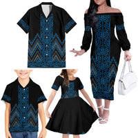 Blue Aotearoa Mangopare Kowhaiwhai and Niho Taniwha Family Matching Off The Shoulder Long Sleeve Dress and Hawaiian Shirt Maori New Zealand