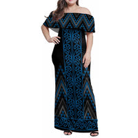 Blue Aotearoa Mangopare Kowhaiwhai and Niho Taniwha Family Matching Off Shoulder Maxi Dress and Hawaiian Shirt Maori New Zealand