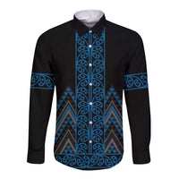 Blue Aotearoa Mangopare Kowhaiwhai and Niho Taniwha Long Sleeve Button Shirt Maori New Zealand