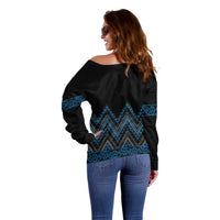Blue Aotearoa Mangopare Kowhaiwhai and Niho Taniwha Off Shoulder Sweater Maori New Zealand