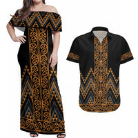 Gold Aotearoa Mangopare Kowhaiwhai and Niho Taniwha Couples Matching Off Shoulder Maxi Dress and Hawaiian Shirt Maori New Zealand