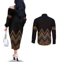 Gold Aotearoa Mangopare Kowhaiwhai and Niho Taniwha Couples Matching Off The Shoulder Long Sleeve Dress and Long Sleeve Button Shirt Maori New Zealand