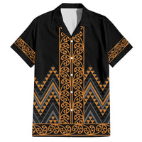 Gold Aotearoa Mangopare Kowhaiwhai and Niho Taniwha Family Matching Off The Shoulder Long Sleeve Dress and Hawaiian Shirt Maori New Zealand