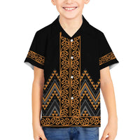 Gold Aotearoa Mangopare Kowhaiwhai and Niho Taniwha Family Matching Short Sleeve Bodycon Dress and Hawaiian Shirt Maori New Zealand
