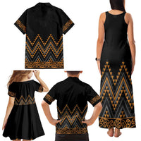 Gold Aotearoa Mangopare Kowhaiwhai and Niho Taniwha Family Matching Tank Maxi Dress and Hawaiian Shirt Maori New Zealand