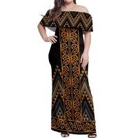 Gold Aotearoa Mangopare Kowhaiwhai and Niho Taniwha Off Shoulder Maxi Dress Maori New Zealand