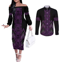 Purple Aotearoa Mangopare Kowhaiwhai and Niho Taniwha Couples Matching Off The Shoulder Long Sleeve Dress and Long Sleeve Button Shirt Maori New Zealand