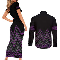 Purple Aotearoa Mangopare Kowhaiwhai and Niho Taniwha Couples Matching Short Sleeve Bodycon Dress and Long Sleeve Button Shirt Maori New Zealand