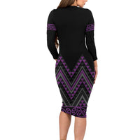 Purple Aotearoa Mangopare Kowhaiwhai and Niho Taniwha Long Sleeve Bodycon Dress Maori New Zealand
