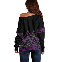 Purple Aotearoa Mangopare Kowhaiwhai and Niho Taniwha Off Shoulder Sweater Maori New Zealand