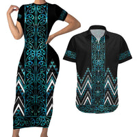 Paua Shell Aotearoa Mangopare Kowhaiwhai and Niho Taniwha Couples Matching Short Sleeve Bodycon Dress and Hawaiian Shirt Maori New Zealand