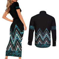 Paua Shell Aotearoa Mangopare Kowhaiwhai and Niho Taniwha Couples Matching Short Sleeve Bodycon Dress and Long Sleeve Button Shirt Maori New Zealand