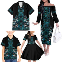 Paua Shell Aotearoa Mangopare Kowhaiwhai and Niho Taniwha Family Matching Off The Shoulder Long Sleeve Dress and Hawaiian Shirt Maori New Zealand