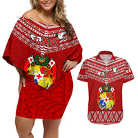 Tonga Rugby Couples Matching Off Shoulder Short Dress and Hawaiian Shirt 2023 World Cup Tongan Kupesi Ngatu Pattern LT14 Red - Polynesian Pride