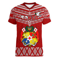 Tonga Rugby Women V Neck T Shirt 2023 World Cup Tongan Kupesi Ngatu Pattern LT14 Female Red - Polynesian Pride