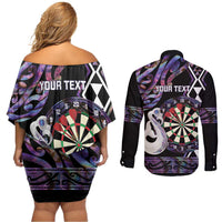Personalised New Zealand Darts Couples Matching Off Shoulder Short Dress and Long Sleeve Button Shirt Ngutukaka Manaia Taniko Luxury Purple - Polynesian Pride